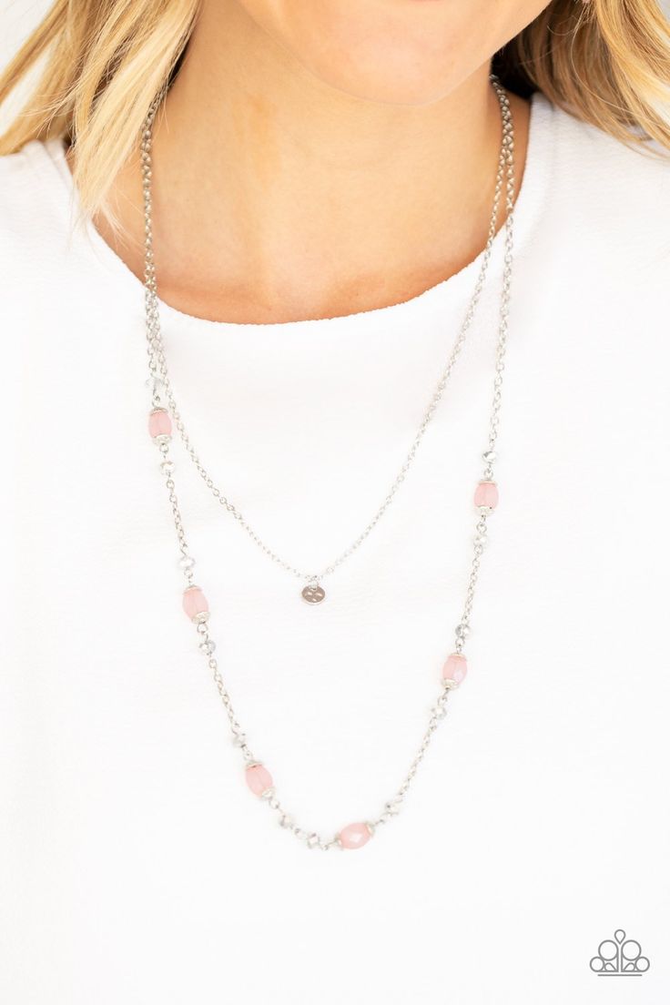 A dainty hammered disc is suspended above a glistening silver chain sparkling with dainty silver accents, metallic crystal-like beads, and opaque pink beads for a whimsical look. Features an adjustable clasp closure. Sold as one individual necklace. Includes one pair of matching earrings. P2DA-PKXX-142XX Pearl Necklace Earrings, Pink Necklace, Paparazzi Accessories, White Rhinestone, Pink Beads, Paparazzi Jewelry, Silver Chain Necklace, Rhinestone Necklace, Silver Accents