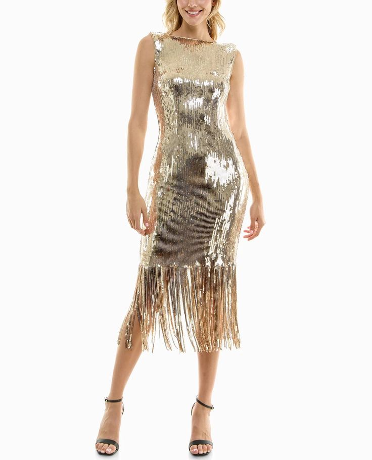 NICOLE MILLER.COM EXCLUSIVE SCARLETT SEQUIN FRINGED SHEATH DRESS, JEWEL NECKLINE, SLEEVELESS, MIDI LENGTH, SCOOP BACKSTYLE # MM3H10390I Nanette Lepore Dress, Jewel Neckline, Fringe Dress, Pleated Midi Dress, Lace Inset, Nanette Lepore, Animal Print Dresses, Nicole Miller, Champagne Gold