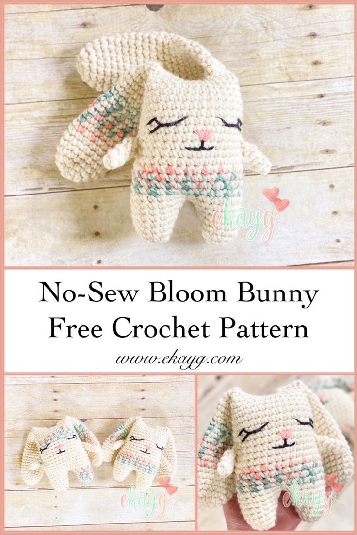 a crocheted bunny is shown with the words no sew bloom bunny free croche