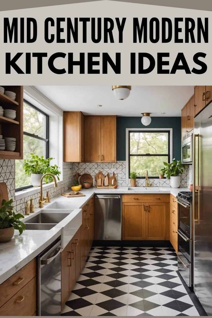 a kitchen with wooden cabinets and black and white checkerboard flooring that says mid century modern kitchen ideas