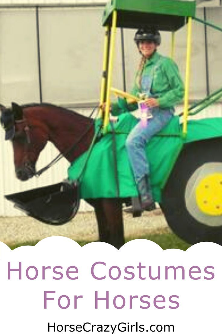 A girl riding her horse who is dressed up as a tractor. The text says Horse Costumes For Horses Mini Horse Costume Ideas, Horse Costume Class Ideas, Costume Ideas For Horses, Costumes For Horses And Rider, Horse Costumes For Horses, Horse Halloween Costumes Ideas, Horse And Rider Costume Ideas, Arabian Cookies, Horse Fancy Dress Costume