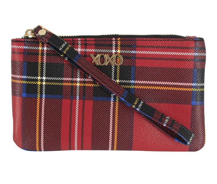 Synthetic upper, Zip closure,4\x8\x1\,One main compartment, Wristlet attached to the zipper head | XOXO Sue Wristlet in Red Plaid Red Wristlet With Zipper Closure As Gift, Red Wristlet Gift, Red Trendy Wristlet For Everyday Use, Trendy Red Wristlet For Everyday Use, Trendy Red Wallet With Zipper Closure, Red Wristlet With Zipper For Daily Use, Tan Plaid, Unisex Accessories, Red Plaid