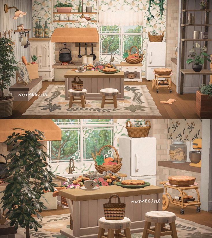 the interior of a kitchen and dining room in an animated style