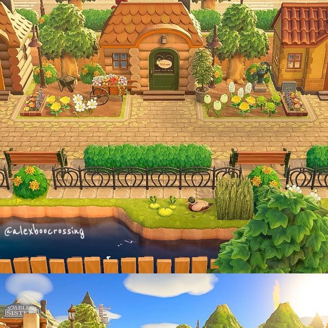 two different views of the same area in animal crossing, one with a house and another with a garden