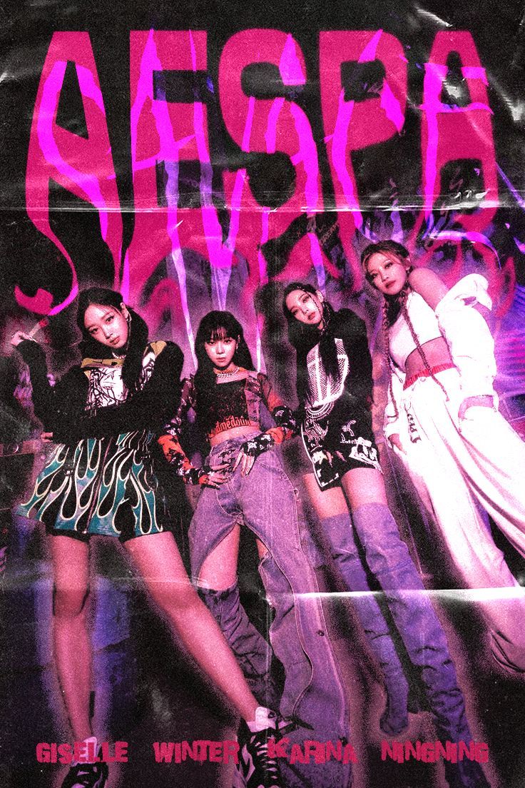 the girls are posing in front of an advertisement for their album, aespa