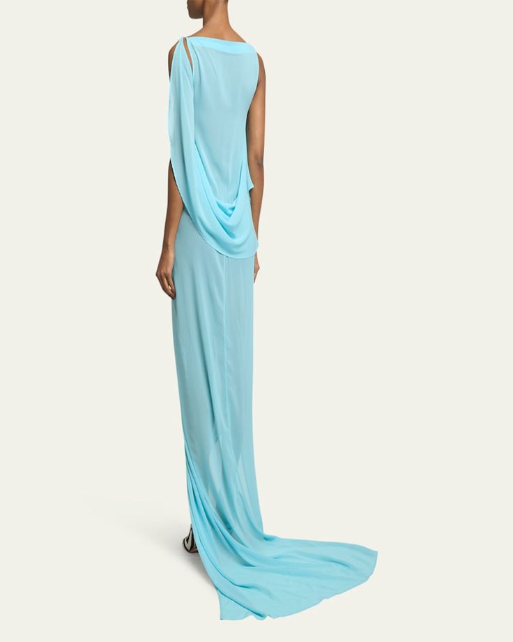 Jacquemus "Ameno" sheer dress with draped detail     Boat neckline    Sleeveless    Hem pools floor    Sheath silhouette    Side slip    Silk/elastane    Dry clean    Made in France Jacquemus Wedding Dress, Cowl Dress Draping, Liquid Dress, Job Outfits, Draped Silk Dress, Blue Sheer Dress, Silk Dress Design, Jacquemus Dress, Goddess Outfit