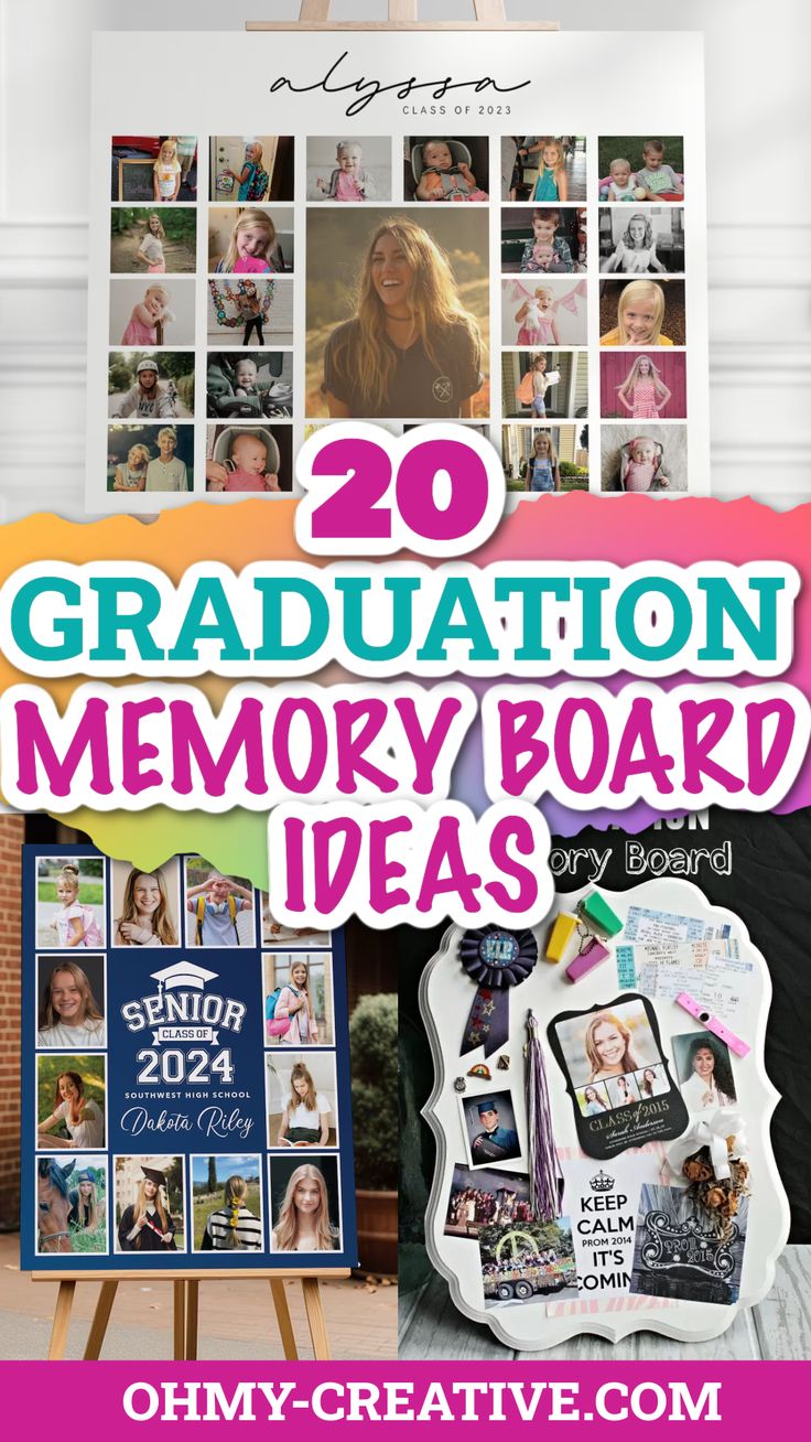 graduation memory board with pictures on it and text overlay that reads 20 graduation memory board ideas