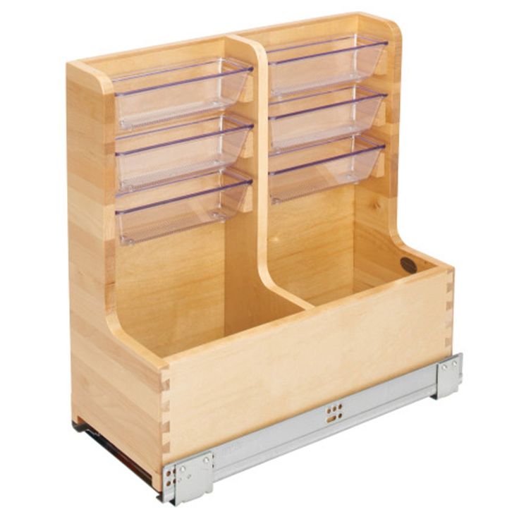 two wooden drawers with clear dividers on each side and one open drawer in the middle