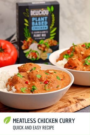 two white bowls filled with meat and rice next to a box of plant based chicken curry