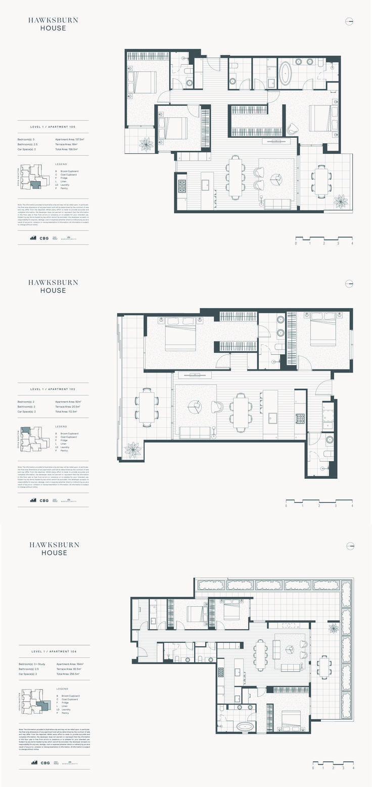 three floor plans for an apartment in the middle of two different buildings, one with windows and