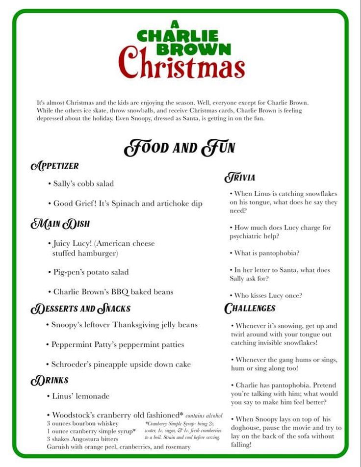 the christmas menu for charlie brown's christmas dinner