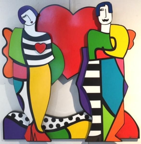 an abstract painting of two people standing next to each other with a heart in the background