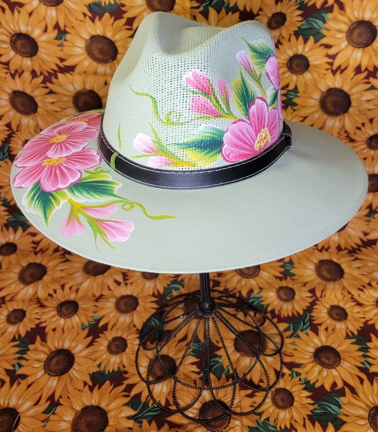 Pastel Green Sun Hat, Hand Painted with a pink floral design. Pink Floral Design, Painted Hats, Pastel Green, Fabric Trim, Sun Hat, Sun Hats, Pink Floral, Caps Hats, Accessories Hats