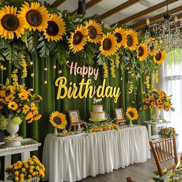 a birthday party with sunflowers and greenery on the wall, table cloth