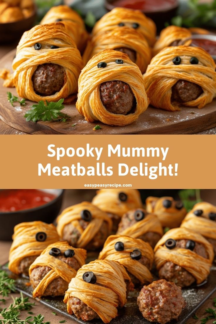 some meatballs wrapped in cheese are on a plate and the words spooky mummy meatballs delight