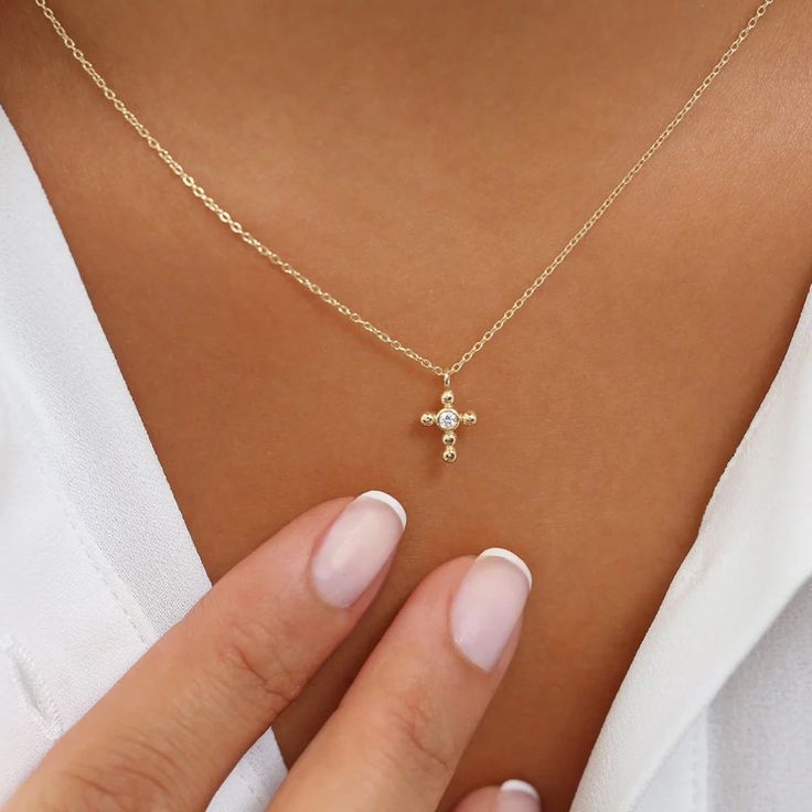 14K Gold Tiny Ball Diamond Cross Necklace – FERKOS FJ Gold Diamond Cross Necklace, Diamond Cross Necklace Gold, Diamond Cross Necklace, Simple Diamonds, Gold Cross Necklace, Diamond Cross, Modern Cross, Gold Cross, Gold Yellow