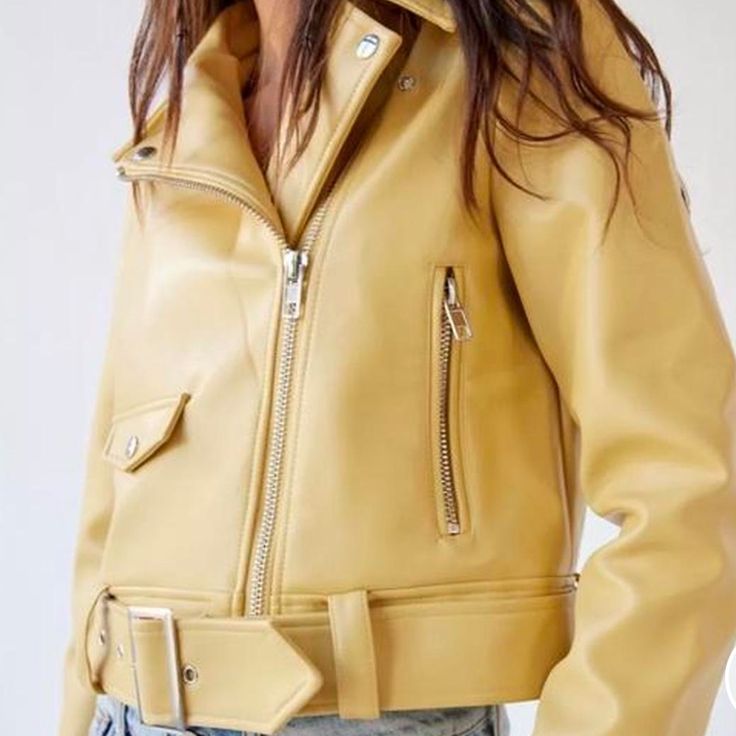 Urban Outfitters Celeste Faux Leather Moro Jacket In Yellow Nwt Never Worn, Size Medium But I Would Say It Fits Like A Small (See Video For Size Ref Im 5’3 Waist 26 Size Sm) Monochrome Faux Leather Biker Jacket For Fall, Moto Style Faux Leather Outerwear For Fall, Biker Style Jacket For Fall, Trendy Solid Leather Jacket For Fall, Chic Spring Outerwear From Urban Outfitters, Chic Spring Outerwear By Urban Outfitters, Urban Outfitters Fitted Outerwear For Fall, Fitted Fall Outerwear From Urban Outfitters, Fitted Urban Outfitters Outerwear For Fall