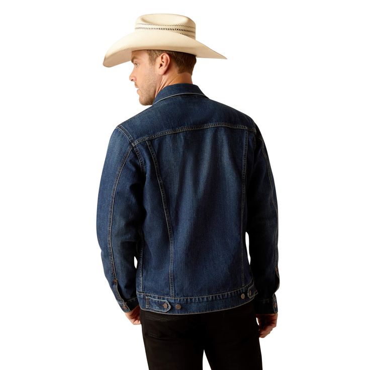 Classic cowboy meets iconic Ariat. For this jean jacket, we took the time-honored Western staple and added our trademark team logo. It's unlined (read: perfect for layering) and comes with snap front pockets and cuffs for ease. Denim Team Trucker Jacket | Product Features : 0 : Snap cuffs, 1 : Button-front closure|Embroidery detail, 2 : Double chest pockets with snaps | Men's Denim Team Trucker Jacket in Richford 12 oz ring-spun denim. Classic non-stretch 100% Cotton. Imported, Size: Medium by A Classic Medium Wash Rigid Denim Jacket, Classic Dark Wash Rigid Denim Outerwear, Classic Rigid Denim Jacket, Western Style Denim Blue Jacket For Fall, Denim Jacket With Pockets For Rodeo, Fitted Casual Denim Jacket In Rigid Denim, Fitted Casual Rigid Denim Jacket, Dark Wash Denim Jacket With Pockets For Rodeo, Western Denim Outerwear With Pockets