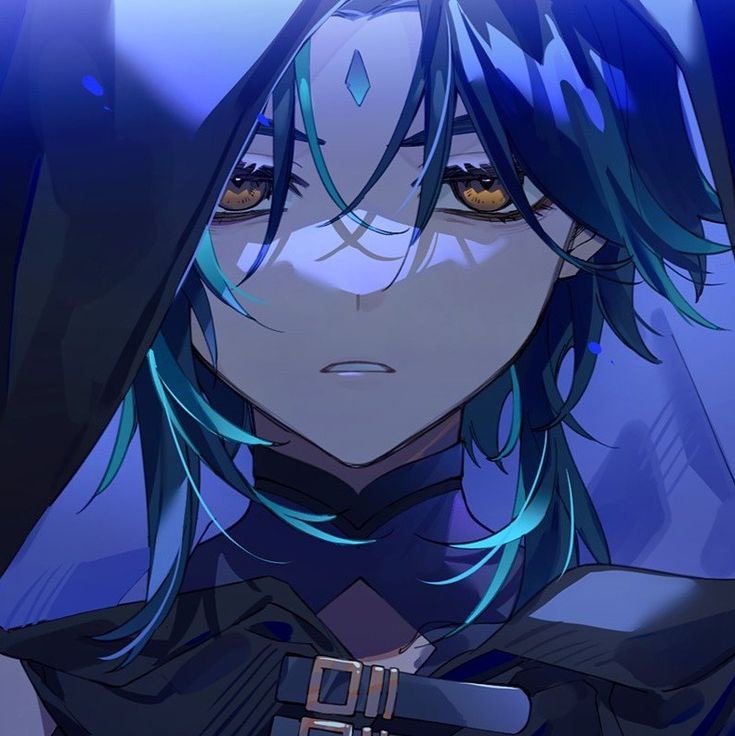 an anime character with long hair and blue eyes looking at the camera while wearing a black outfit