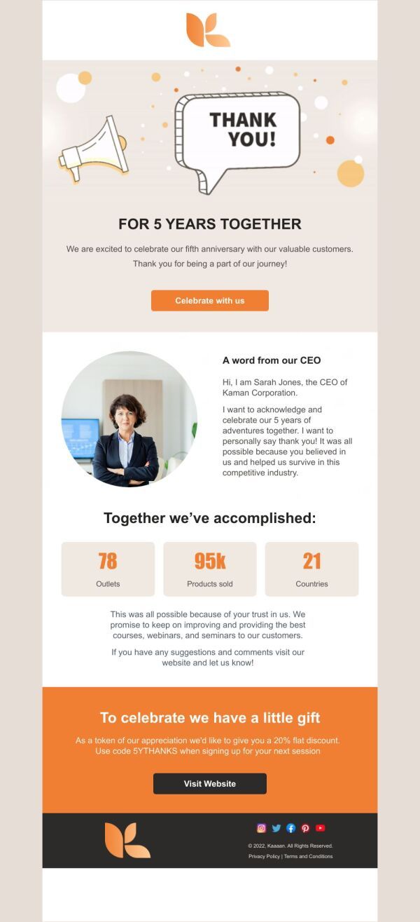 the landing page for a website with an orange and white theme, which reads thank you for