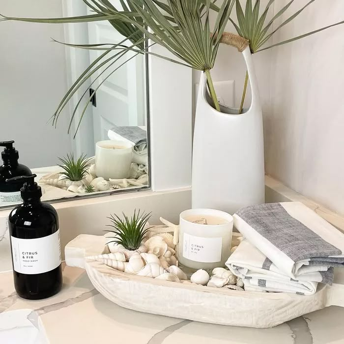 a bathroom sink with a bottle of soap and some plants on it next to a mirror