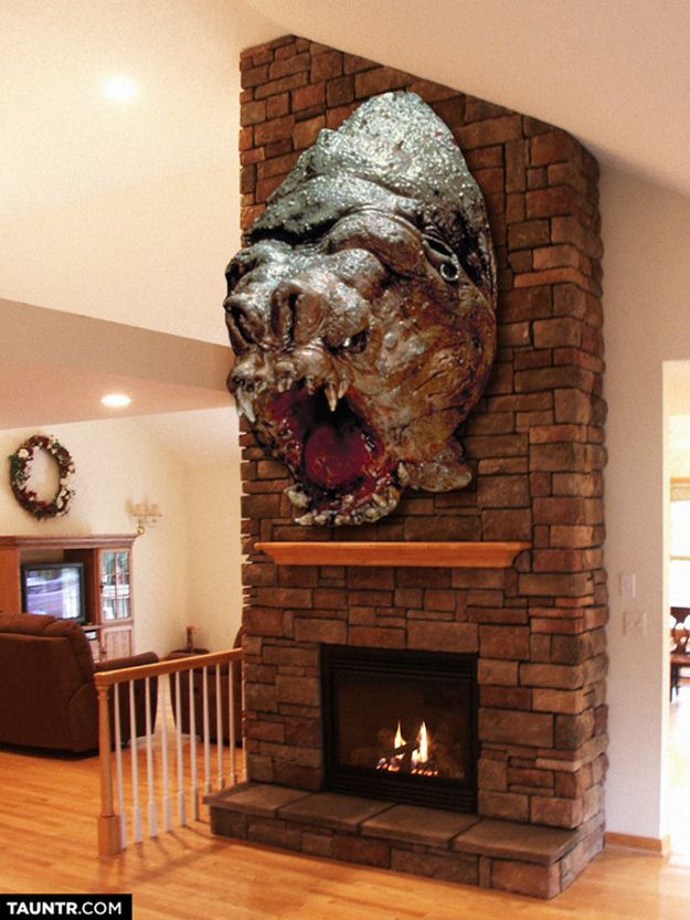 a living room with a fire place and a large brick fireplace in it's center