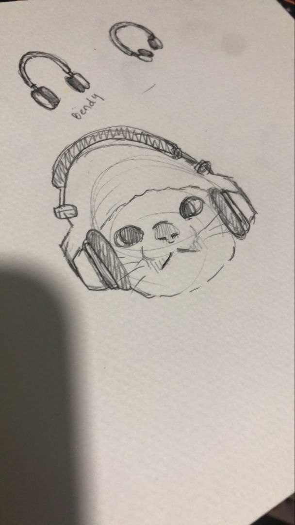 a drawing of a cat with headphones on