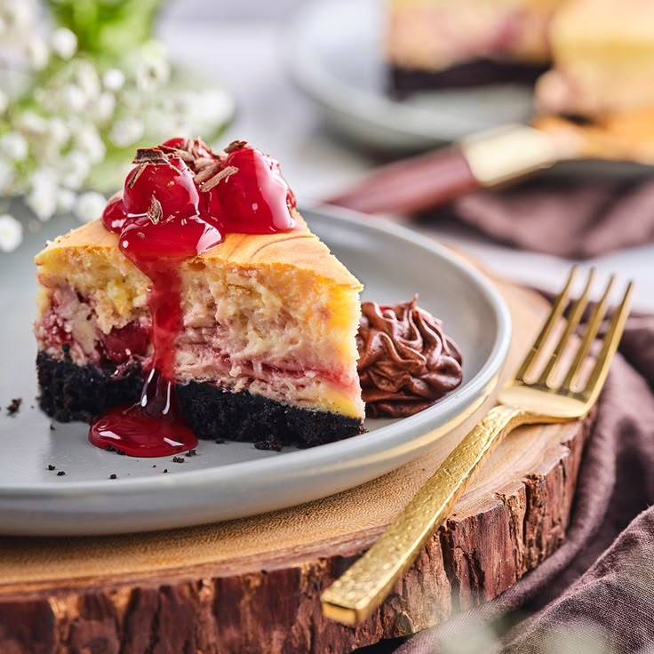 a piece of cheesecake with cherries on top is sitting on a plate next to a fork