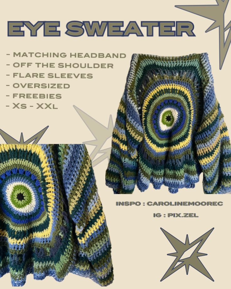 a crocheted sweater with an eye on the front and bottom, in green, blue