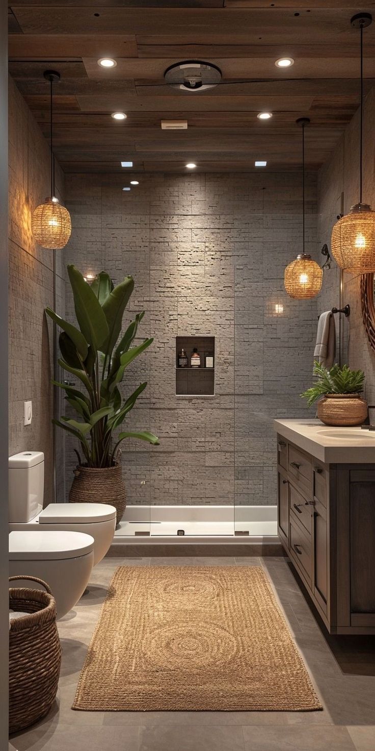 a bathroom with a toilet, sink and bathtub next to a large rug on the floor