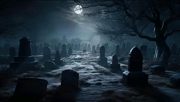 a cemetery at night with the moon in the sky