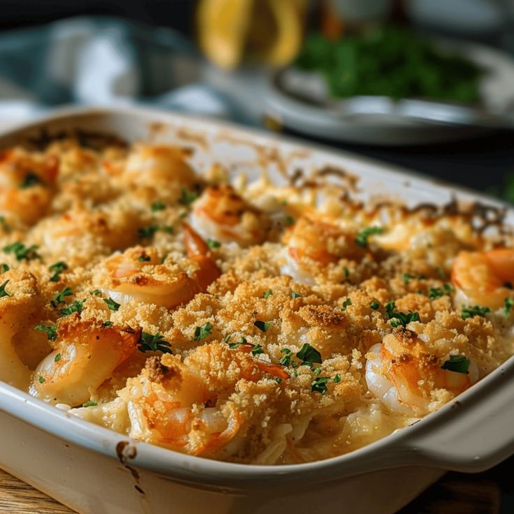 a casserole dish with shrimp and bread crumbs