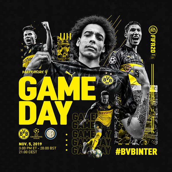 an ad for the game day event featuring two men in black and yellow uniforms, one holding