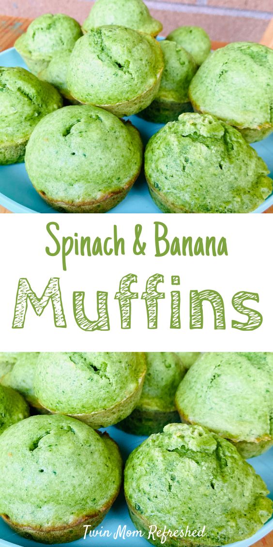 spinach and banana muffins on a blue plate with the words spinach and banana muffins