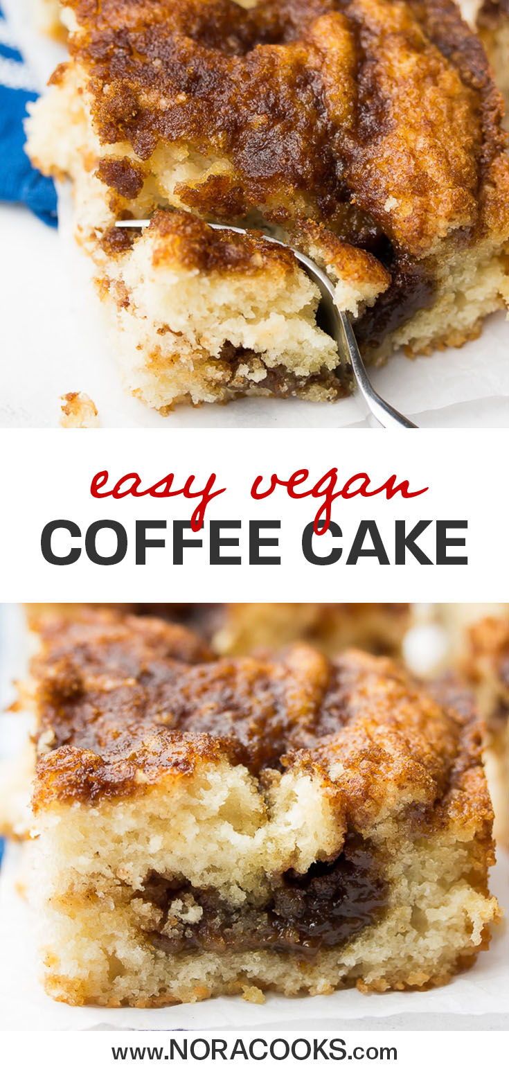 two pictures of coffee cake on a plate with the words easy vegan coffee cake