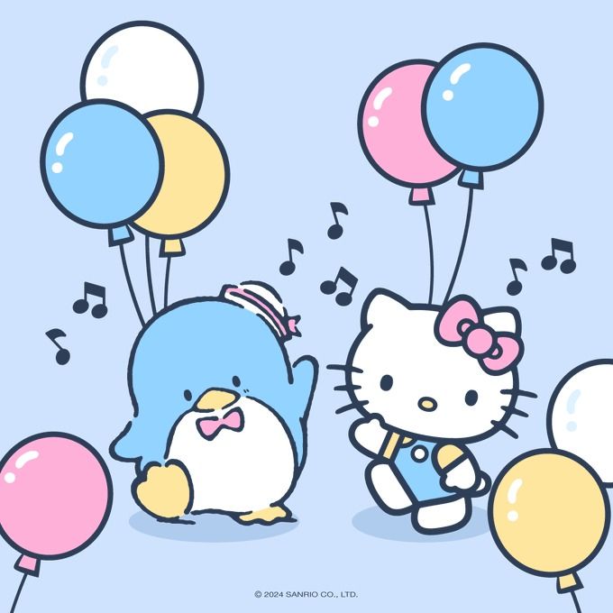 an image of hello kitty and penguin with balloons