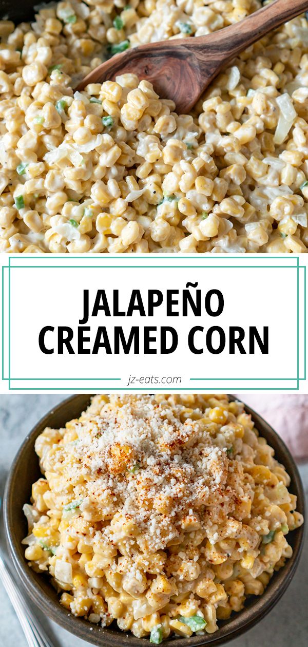 creamed corn in a skillet with a wooden spoon Jalapeno Cheesy Corn, Jalapeño Corn Coleslaw, Creamy Jalapeño Corn, Jalapeno Sweet Corn, Jalapeno Cream Cheese Corn, Rice Side Dishes For Bbq, Corn Jalapeno Casserole, Jalepeno Cheesy Corn, Cream Cheese Jalapeño Corn