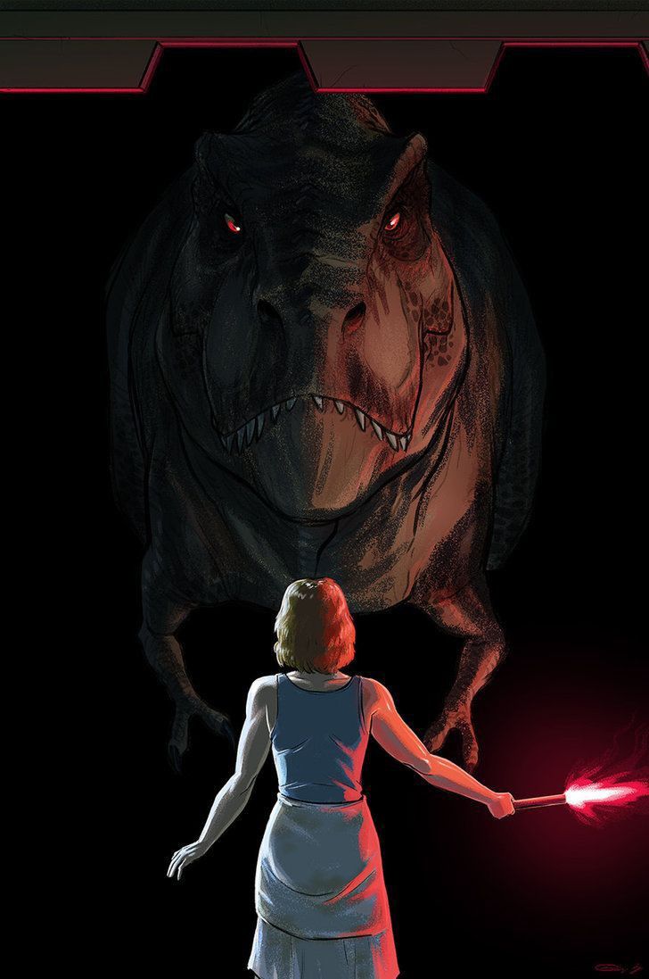 a woman standing in front of a dinosaur with a red light on it's arm