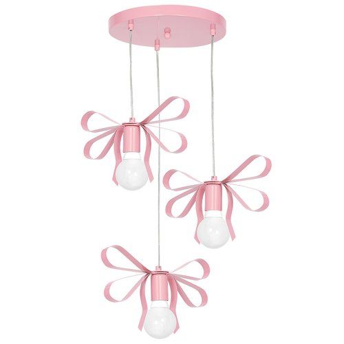 three light fixtures with pink bows on them and two bulbs hanging from the ceiling above