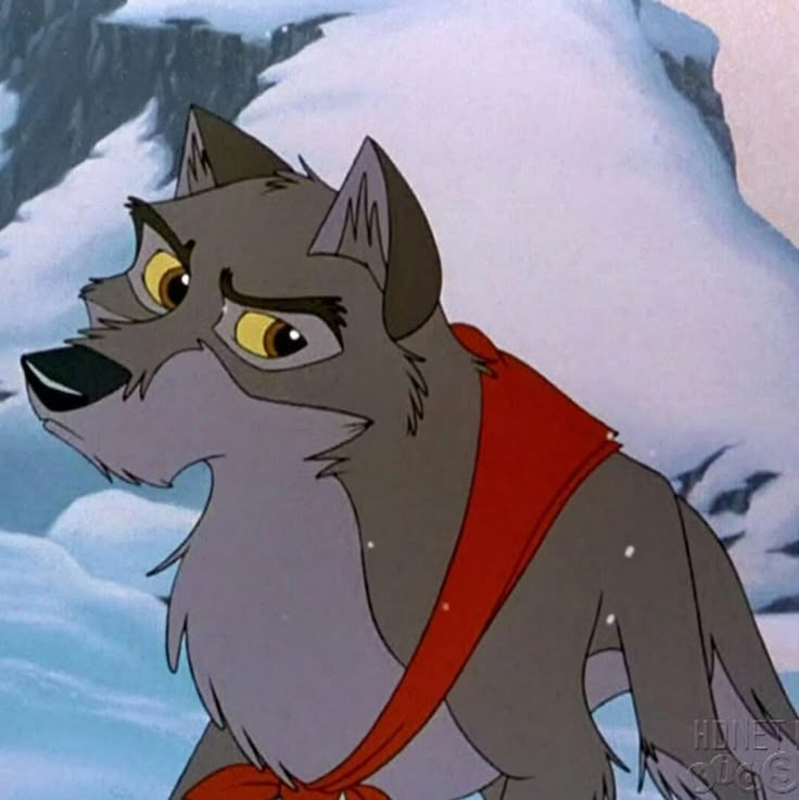 the wolf from disney's animated movie, beauty and the beast is standing in front of a snowy mountain