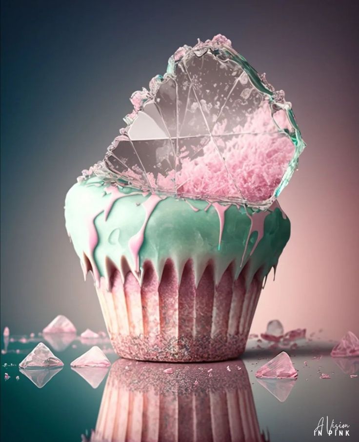 a pink and green cupcake with icing on it's side, surrounded by ice cubes