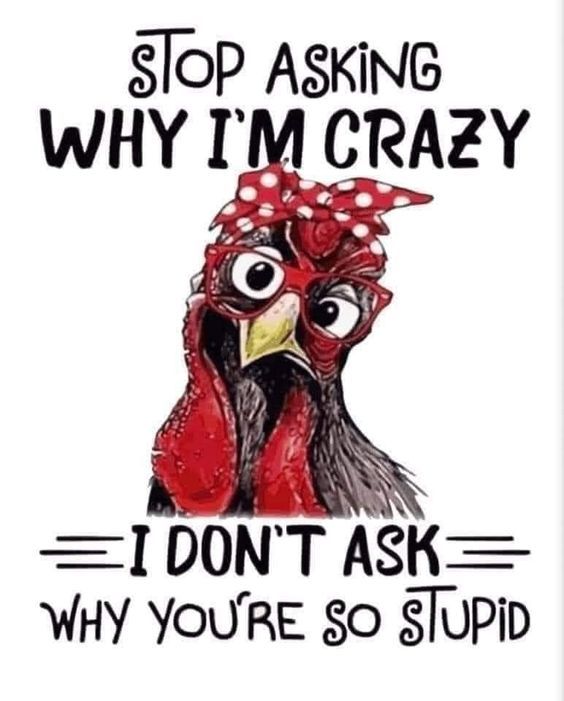 a chicken with the words stop asking why i'm crazy