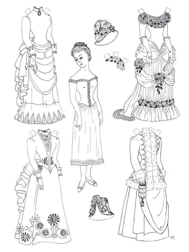 three dresses and hats for dolls in the style of princesses, from an adult coloring book