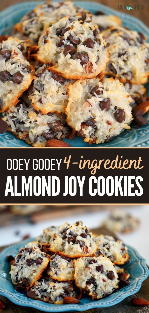 chocolate chip cookies on a blue plate with the words ooey gooey 4 ingredient almond joy cookies