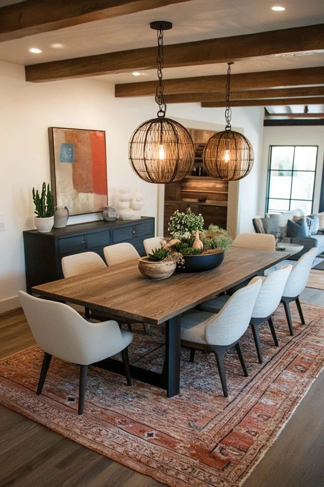 a dining room table with white chairs and an area rug in front of the table