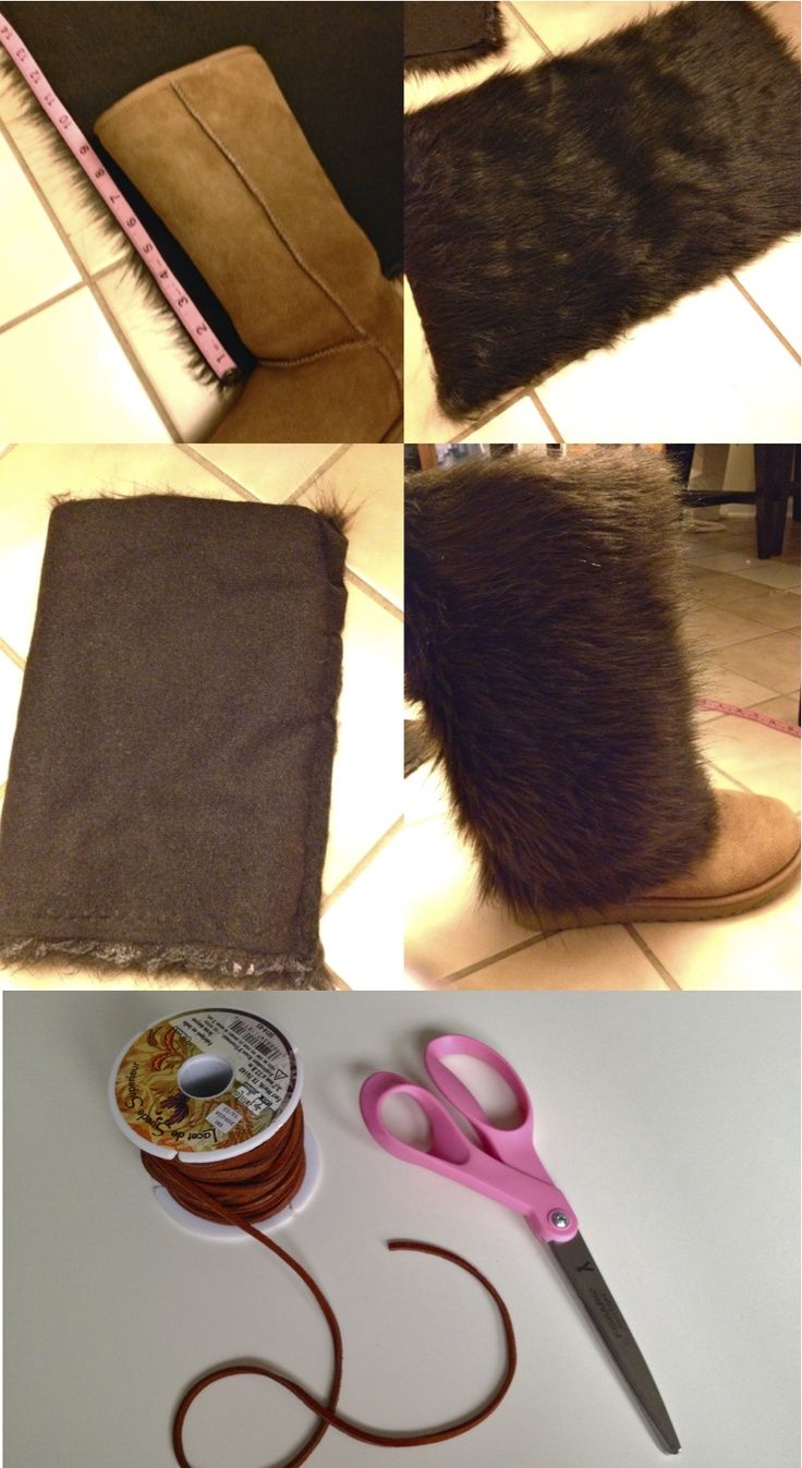 four pictures show how to sew a boot with fur and shears on the floor