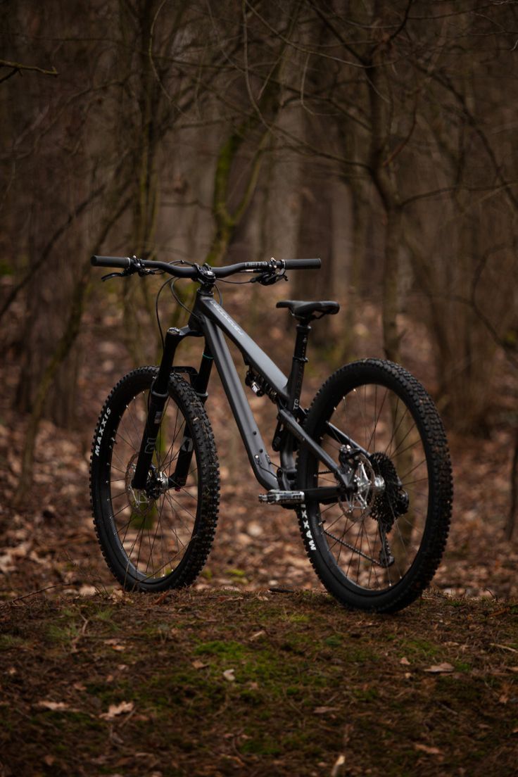 a mountain bike parked in the woods near some trees