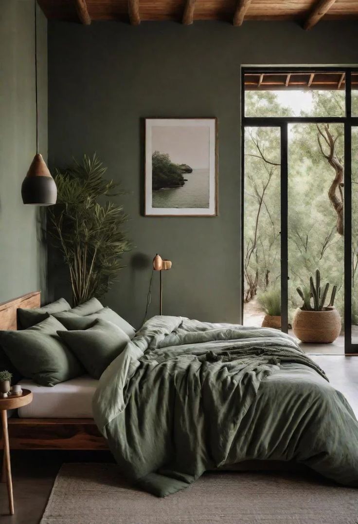 a bed with green sheets and pillows in a bedroom next to a large glass window