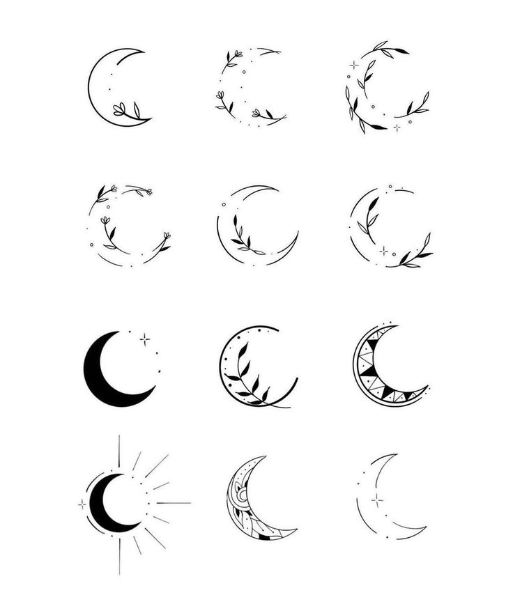 twelve phases of the moon in black and white with stars, crescents and sun