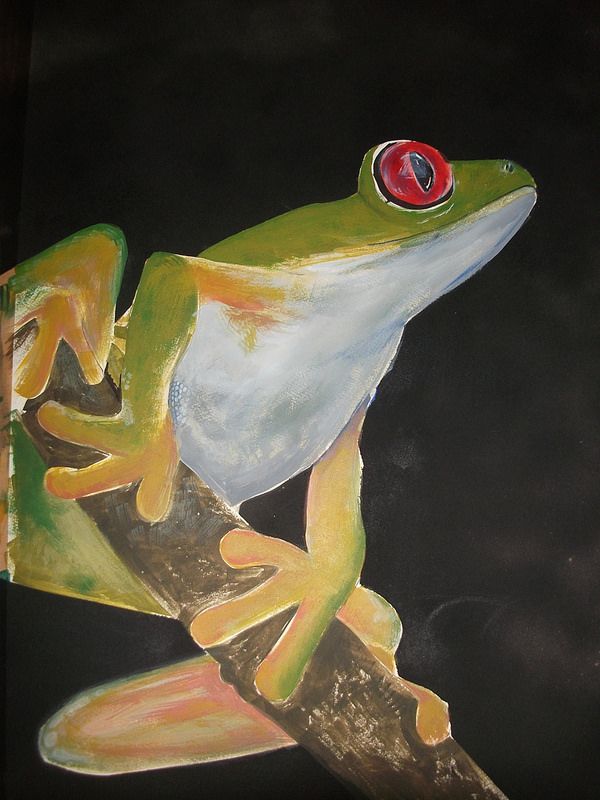 a painting of a frog sitting on a branch